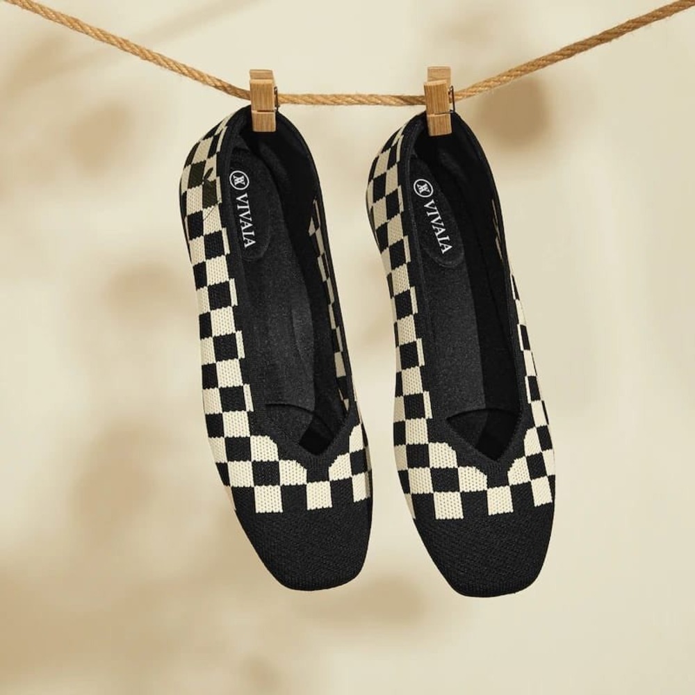 Vivaia Margot 2.0 Checkerboard Square Toe Knit Flats Black Cream US 7 EU 37.5 W - Picture 2 of 16